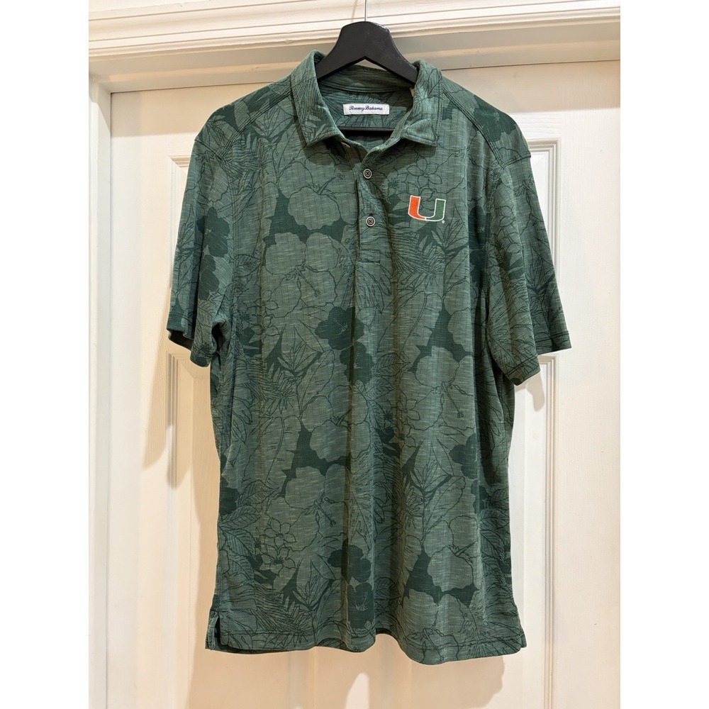 Tommy Bahama Miami Hurricanes Polo Shirt Mens Large Green Floral Tropics Golf